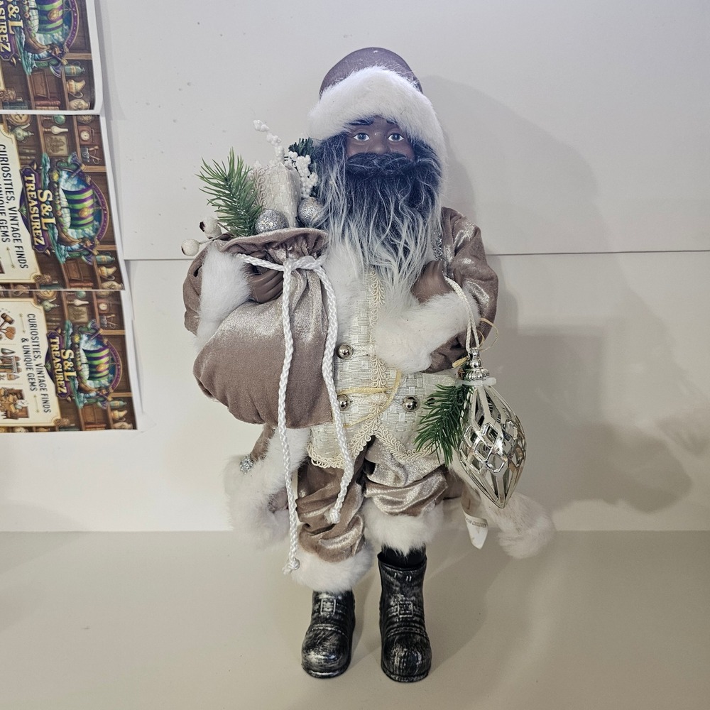 Black Santa Claus Figurine 18 Inch Champagne Gold Silver Velvet Holiday Decor